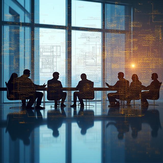 Architectural blueprint overlaid on a professional boardroom meeting at Formwerk Advisers